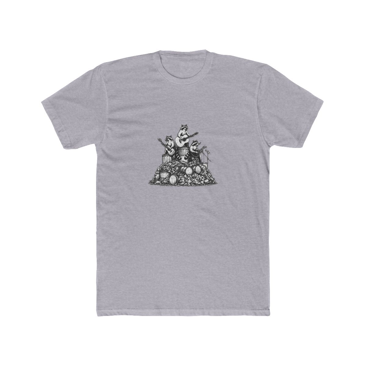 Dark grey T Shirt with the text "MORE TRASH CAN LESS TRASH CAN'T". The shirt features a graphic of raccoons playing musical instruments on top of a pile of trash and drums - alternate angle 5, merchandise