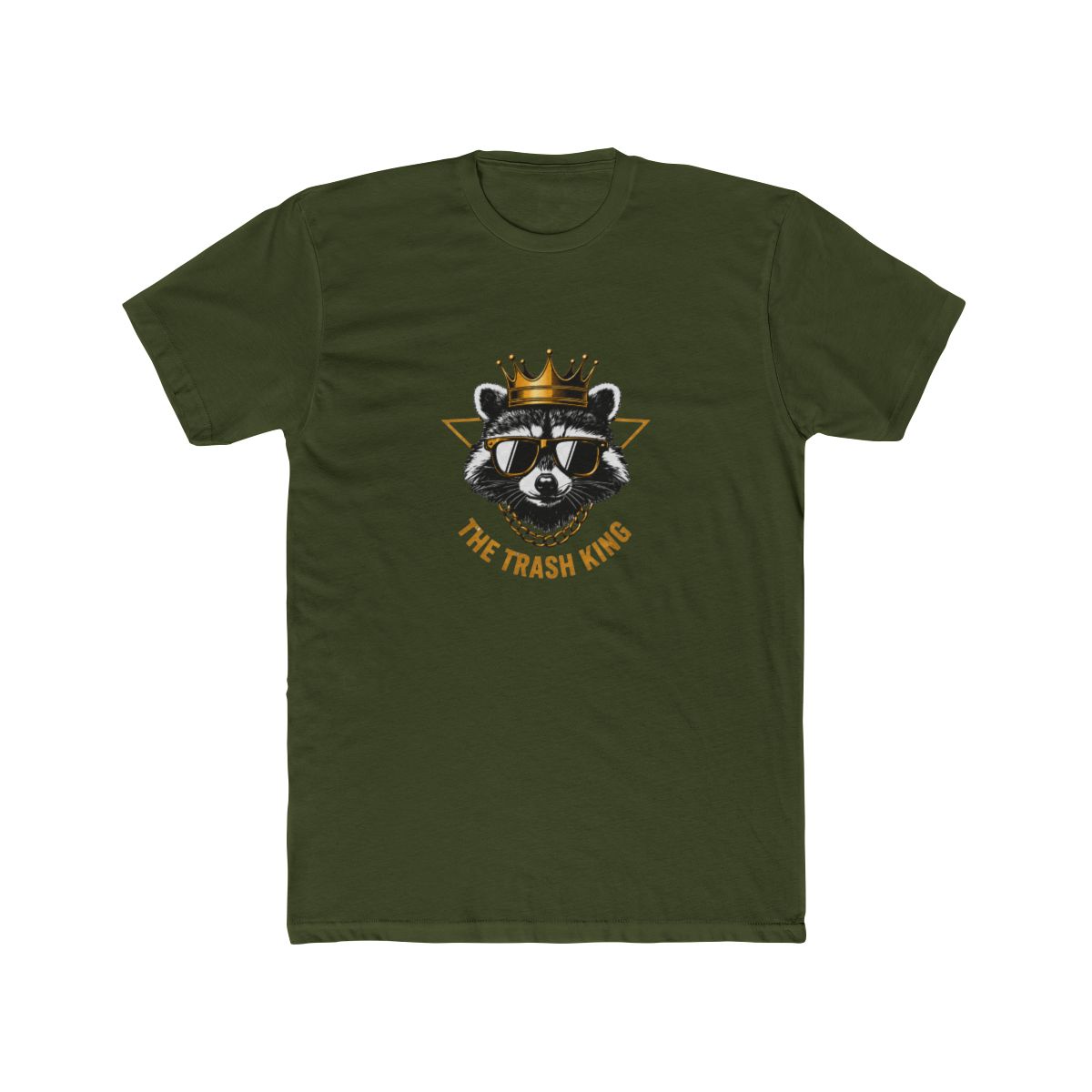 White T Shirt with a graphic of a raccoon wearing sunglasses and a gold crown, with the text "THE TRASH KING" in gold. The raccoon is set against a gold triangle. The shirt has a relaxed, oversized... - alternate angle 5, merchandise