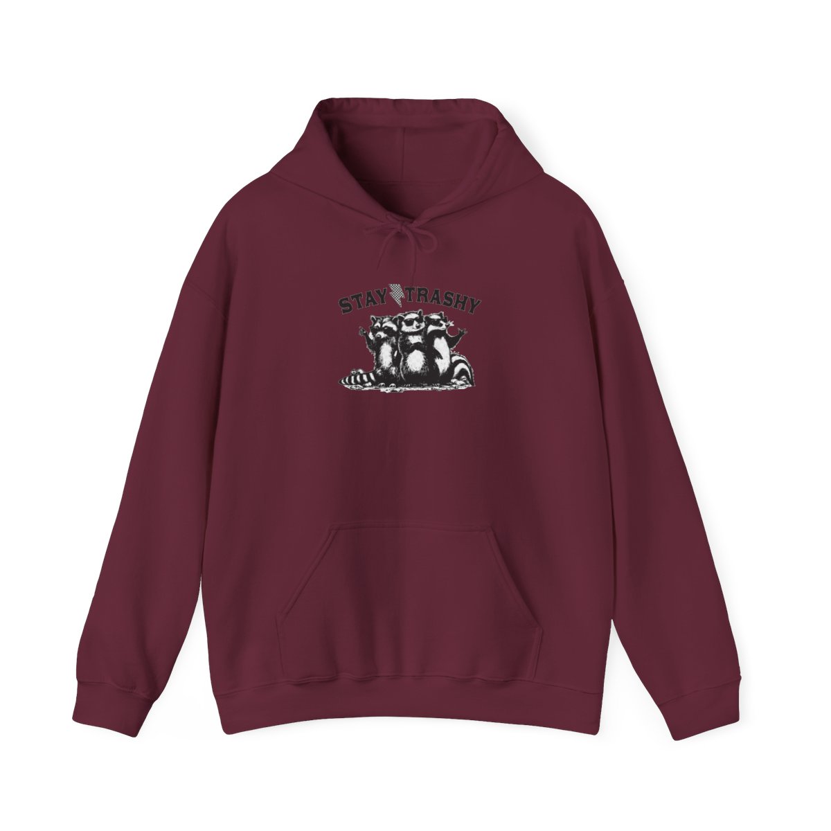 A light grey hoodie featuring the phrase "STAY TRASHY" and a black and white illustration of three raccoons wearing sunglasses. The raccoons are the main focus of the design - alternate angle 2, merchandise